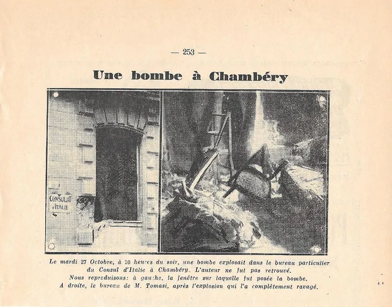 Une bombe à Chambery dans le boureau du Consul d'Italie. …