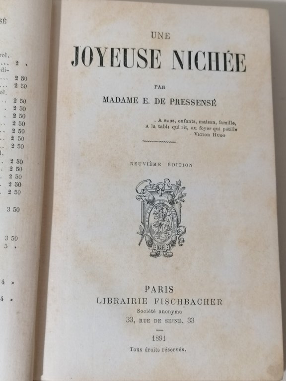 Une Joyeuse Nichée Libro Livre Pressensé Fischbacher 1891 Rilegato Francese