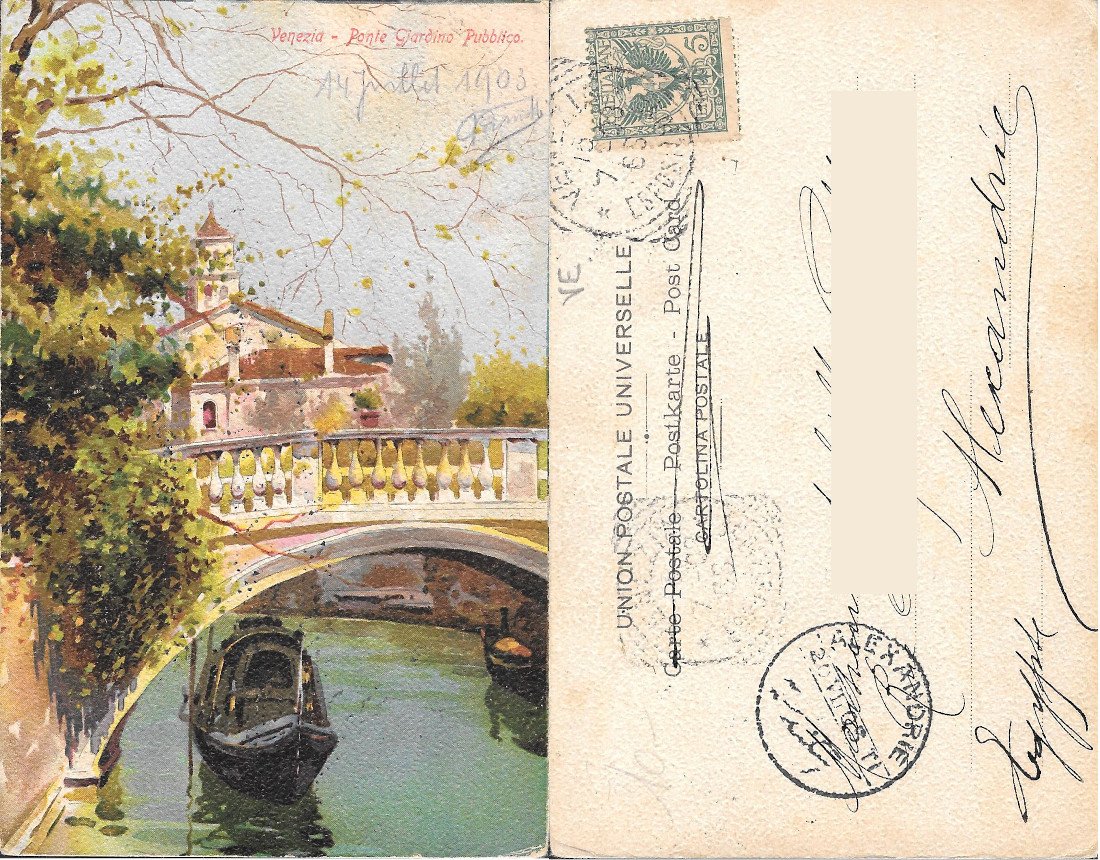 Venezia. Ponte Giardino Pubblico. Viaggiata 1903, pittorica | Immagine principale