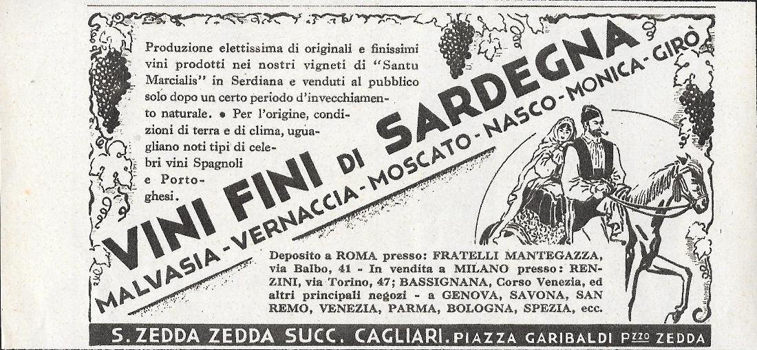 Vini fini di Sardegna. S. Zedda. Advertising 1942 | Immagine principale