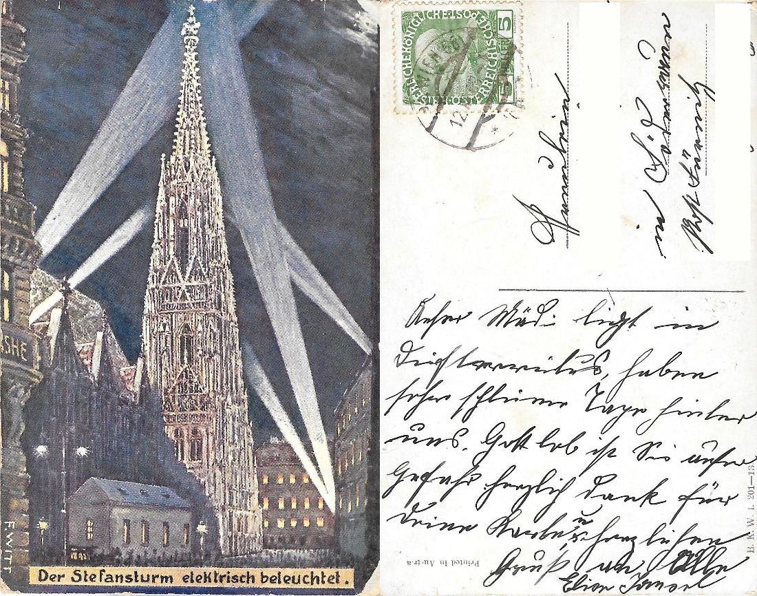 Wien, der Stefansturm elektrisch beleuchtet. Viaggiata 1908 | Immagine principale