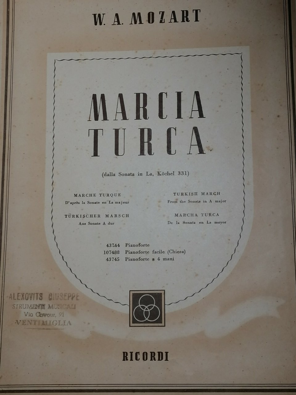 WOLFGANG AMADEUS MOZART MARCIA TURCA 1944 Spartito per PIANOFORTE (Ricordi) | Immagine principale