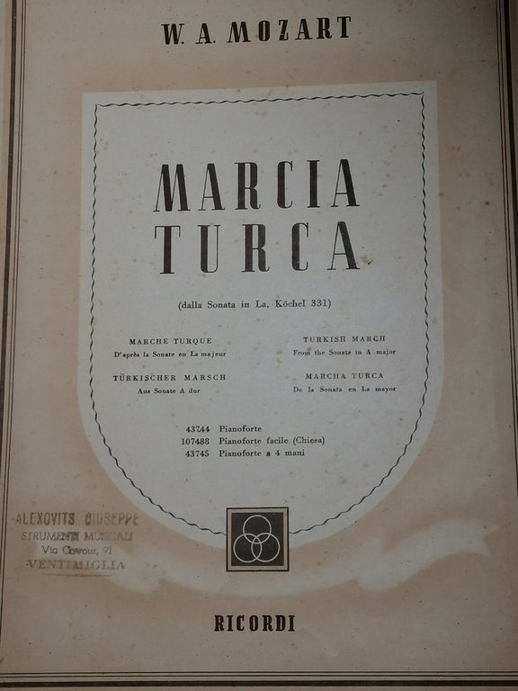 WOLFGANG AMADEUS MOZART MARCIA TURCA 1944 Spartito per PIANOFORTE (Ricordi) | Immagine Gallery 1