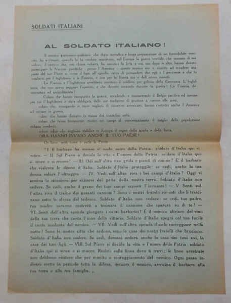 Al Soldato Italiano. (Prima Guerra Mondiale, fronte del Piave: volantino …