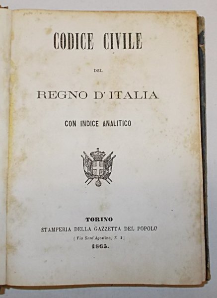 Codice Civile del Regno d'Italia con indice analitico.