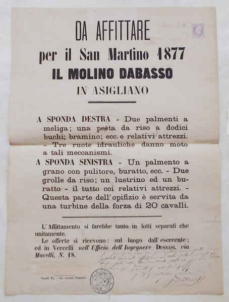 Da affittare per il San Martino 1877 il Molino Dabasso …