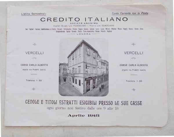 Credito Italiano. Listino Semestrale. Vercelli Corso Carlo Alberto angolo via …