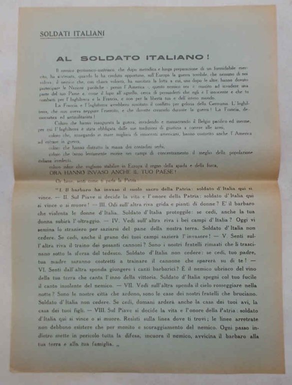 Al Soldato Italiano. (Prima Guerra Mondiale, fronte del Piave: volantino …