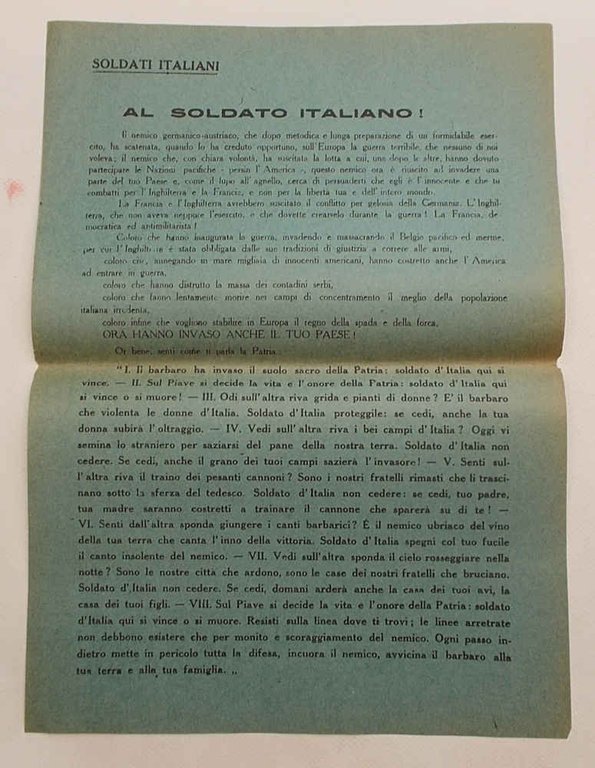 Al Soldato Italiano. (Prima Guerra Mondiale, fronte del Piave: volantino …