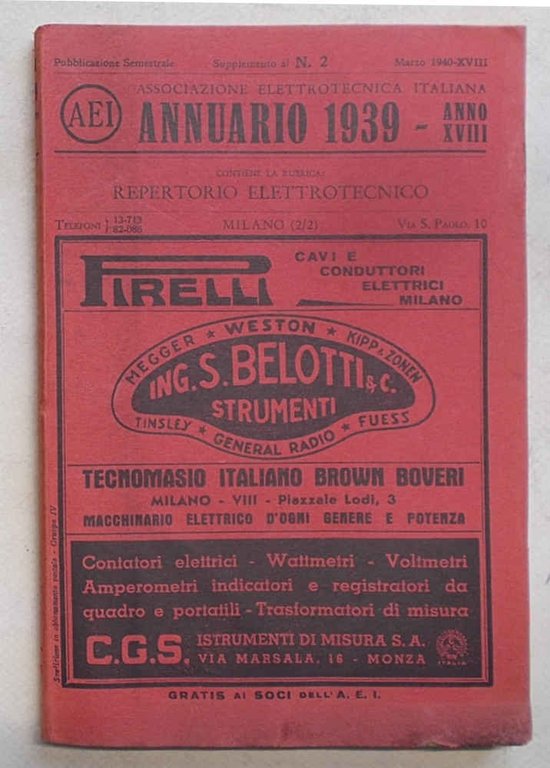 Associazione Elettrotecnica Italiana. Annuario 1939. Supplemento alla parte seconda.