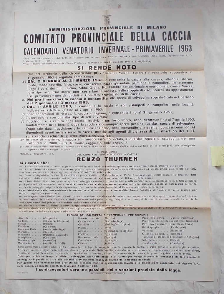 Calendario venatorio invernale-primaverile 1963. Amministrazione Provinciale di Milano. Comitato Provinciale …