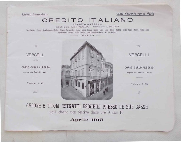 Credito Italiano. Listino Semestrale. Vercelli Corso Carlo Alberto angolo via …