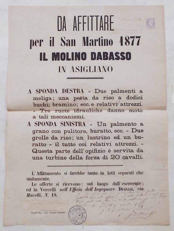 Da affittare per il San Martino 1877 il Molino Dabasso …