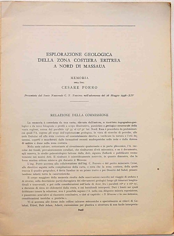 Esplorazione geologica della zona costiera eritrea a nord di Massaua.