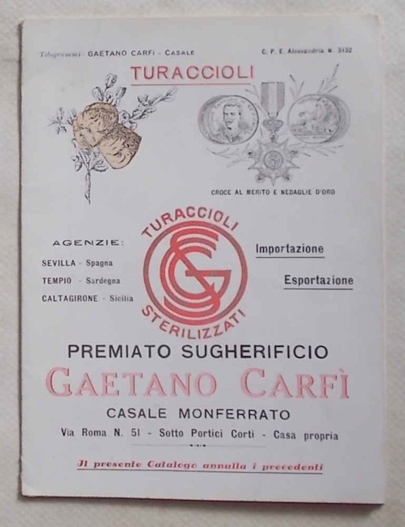 Premiato Sugherificio Gaetano Carfì Casale Monferrato. Turaccioli sterilizzati.