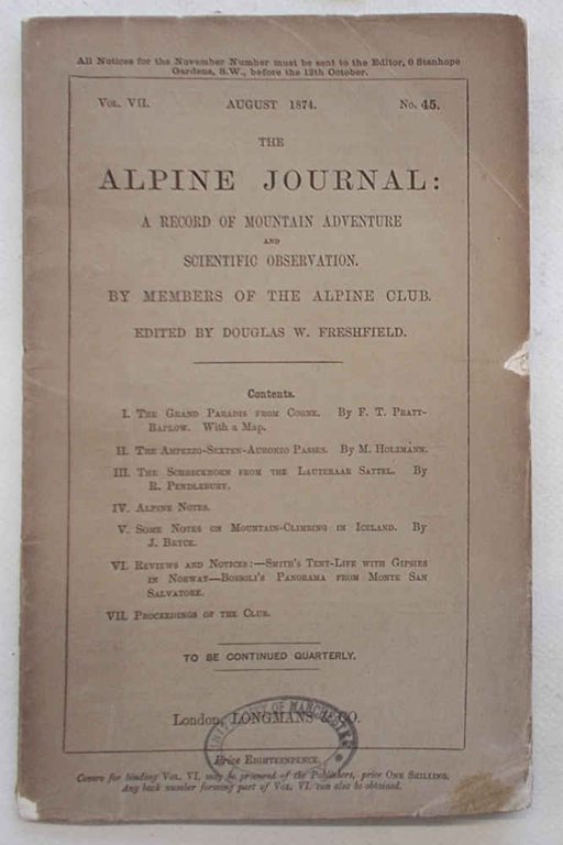 The Alpine Journal. August 1874. Vol. VII. No. 45.