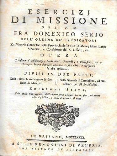 Esercizi di missione del p. m. fra Domenico Serio dell'Ordine …