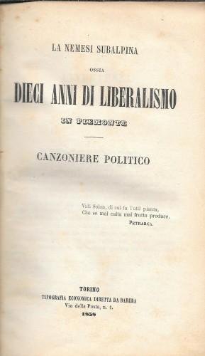 La nemesi subalpina ossia dieci anni di liberalismo in Piemonte. …