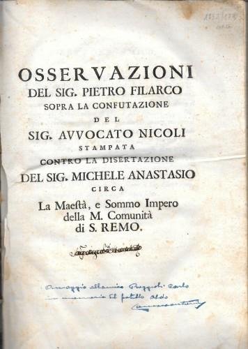 Osservazione del sig. Pietro Filarco sopra la confutazione del sig. …