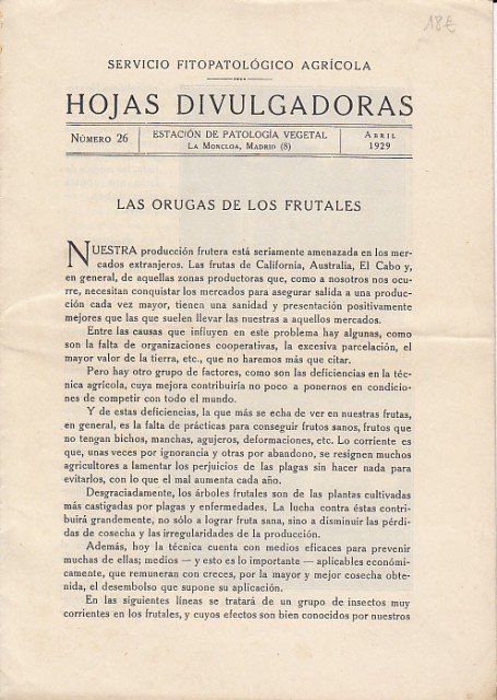 HOJAS DIVULGADORAS: LAS ORUGAS DE LOS FRUTALES