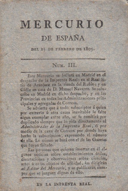 MERCURIO DE ESPAÑA. 15 FEBRERO DE 1805. (NUM III)