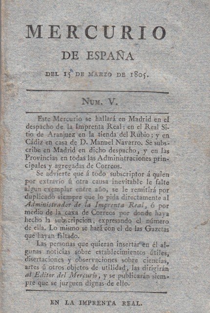 MERCURIO DE ESPAÑA. 15 MARZO DE 1805. (NUM V)