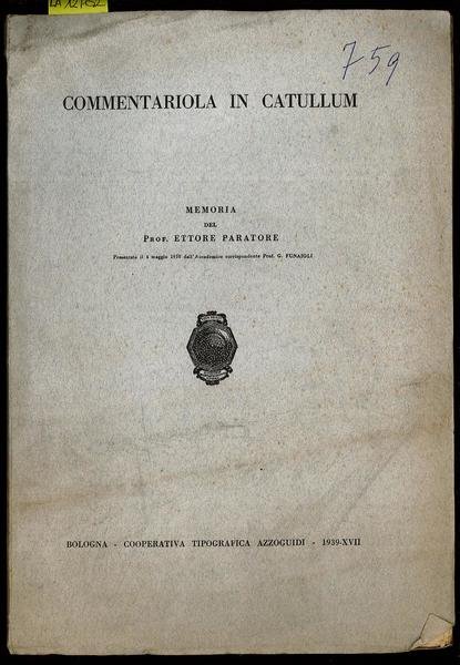 Commentariola in Catullum – Memoria del Prof. Ettore Paratore