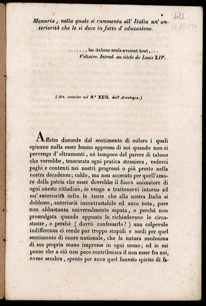 Memoria nella quale si rammenta all’Italia un’anteriorità che le si …