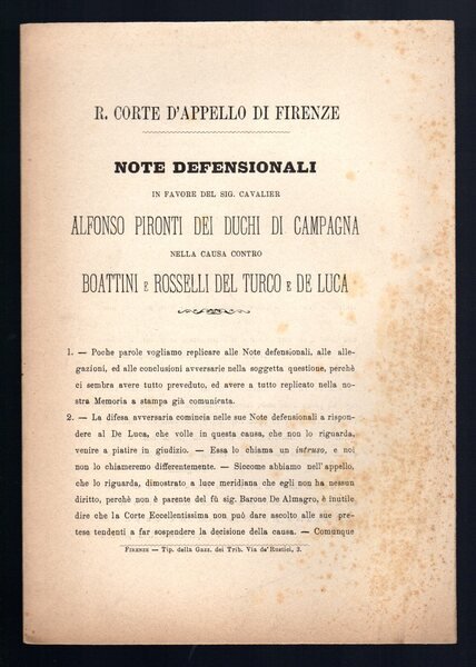 Note defensionali in favore del sig. Cavalier Alfonso Pironti dei …