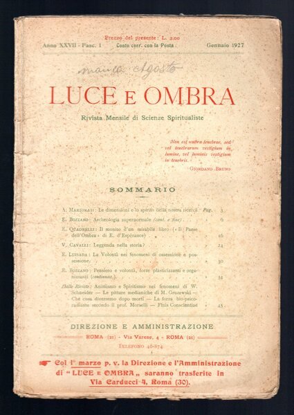 Luce e ombra. Rivista mensile di scienze spiritualiste