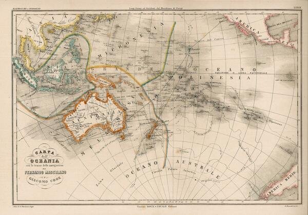 Carta dell'Oceania con le tracce delle navigazioni di Fernando Magellano …