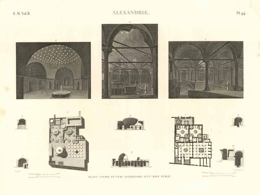 Alexandrie - Plans, coupies et vues intérieures d'un bain public.