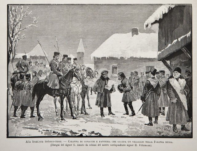 Alla frontiera tedesco-russa.- Colonna di cosacchi e fanteria che occupa …