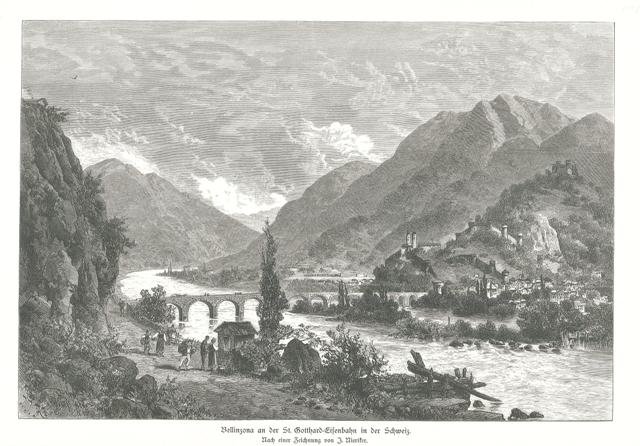 Bellinzona an der St. Gotthard=Eisenbahn in der Schweiz.