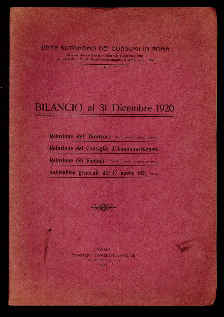 Bilancio al 31 dicembre 1920