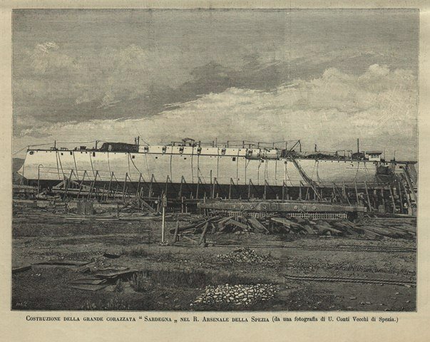 Costruzione della grande corazzata Sardegna nel R. Arsenale della Spezia