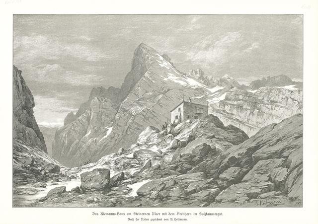 Das Riemanns=haus am Steinernen Meer mit dem Breithorn im Salzkammergut.