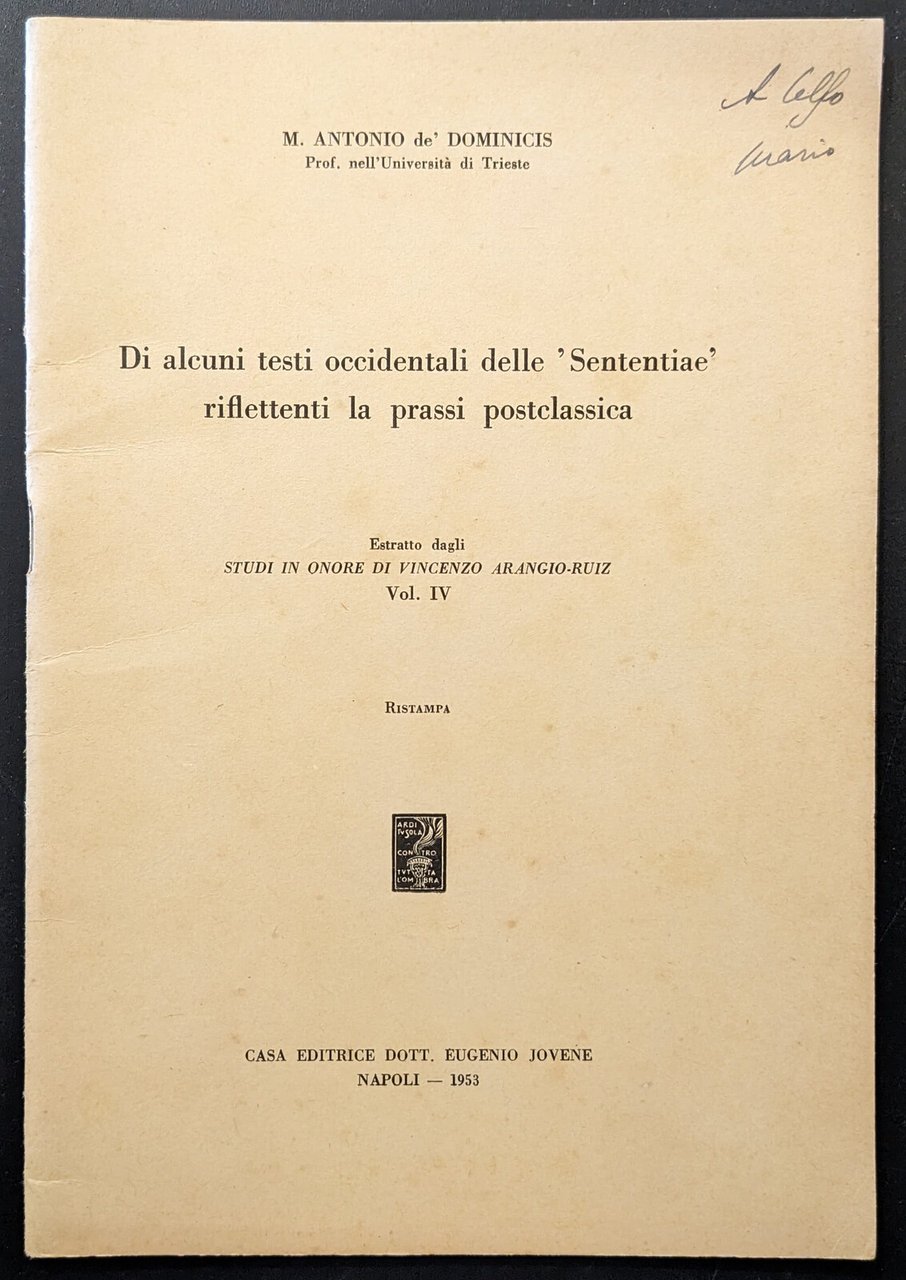 Di alcuni testi occidentali delle "Sententiae" riflettenti la prassi postclassica | Immagine principale