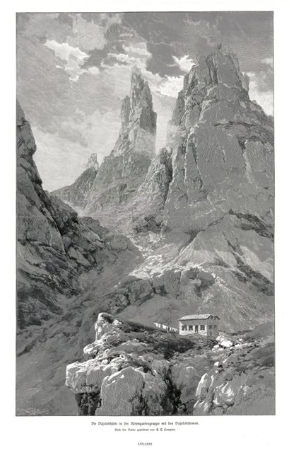 Die Vaioletthutte in der Rosengartengruppe mit den Vaioletturmen