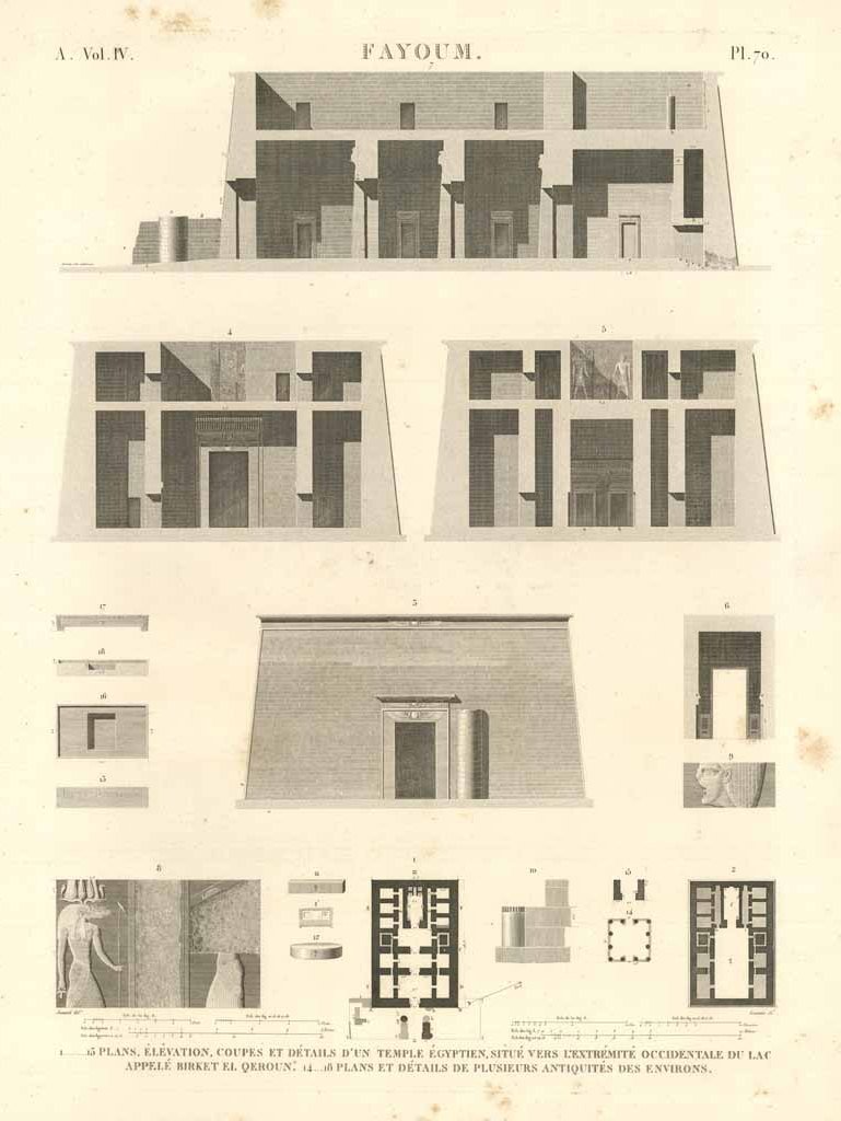Fayoum - Plans, élévation, coupes et détails d'un temple égiptien, …
