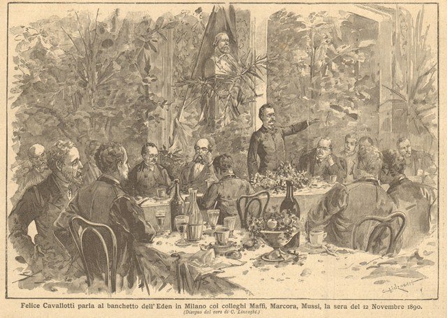 Felice Cavallotti parla al banchetto dell’Eden in Milano coi colleghi …