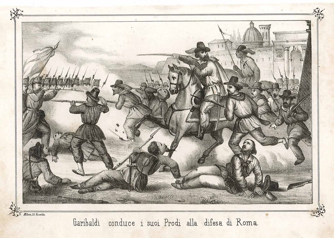Garibaldi conduce i suoi prodi alla difesa di Roma