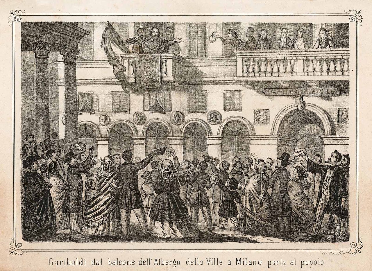 Garibaldi dal balcone dell'Albergo della Ville a Milano parla al …