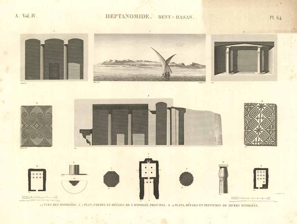 Heptanomide. Beny Hasan - Vues des hipogées - Plan, coupes …