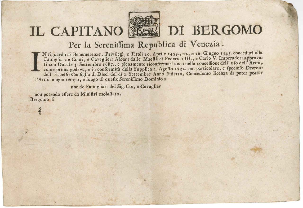 Il Capitano di Bergamo Per la Serenissima Republica di Venezia