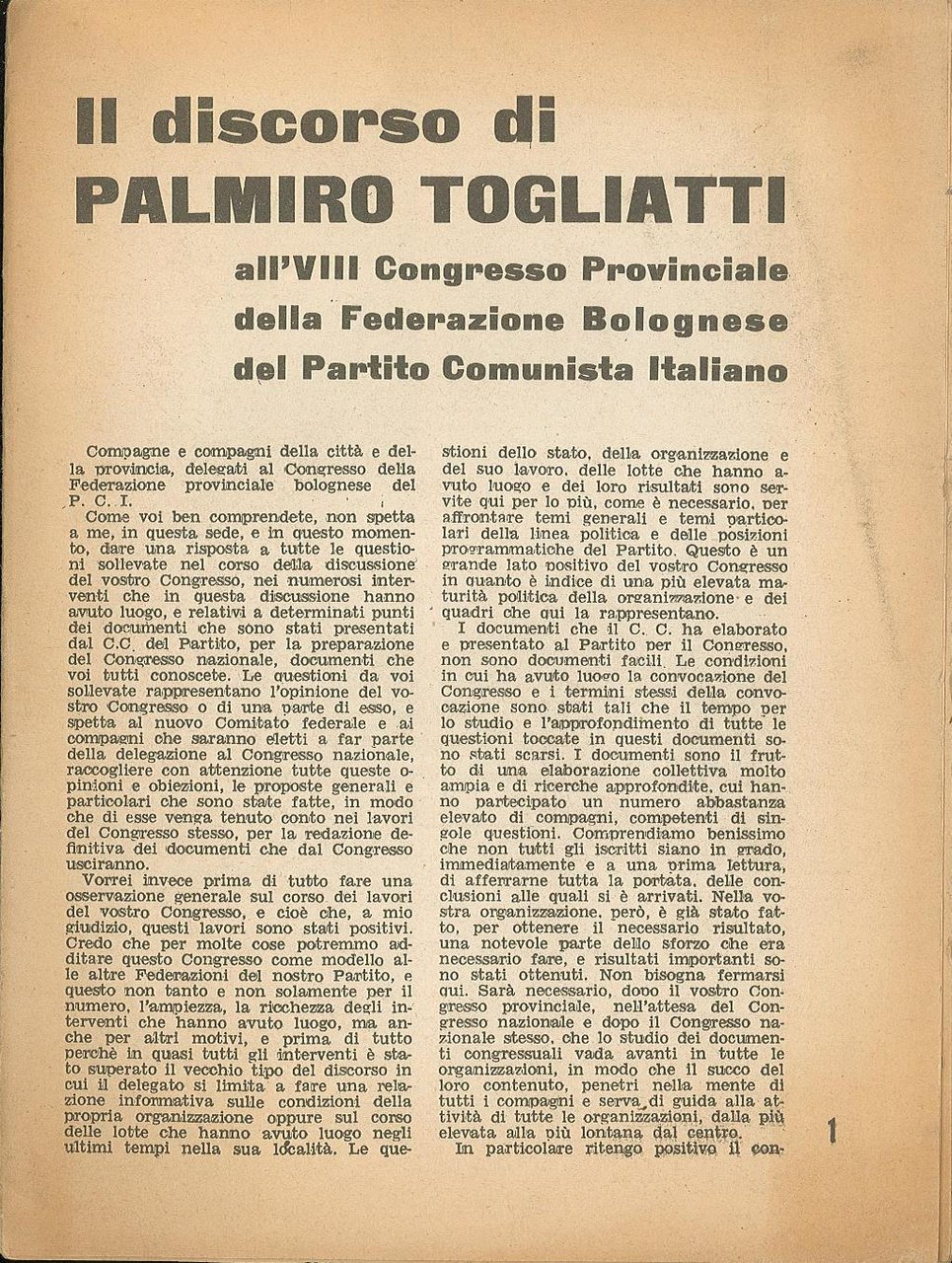 Il discorso di Palmiro Togliatti all'VIII Congresso Provinciale della Federazione …
