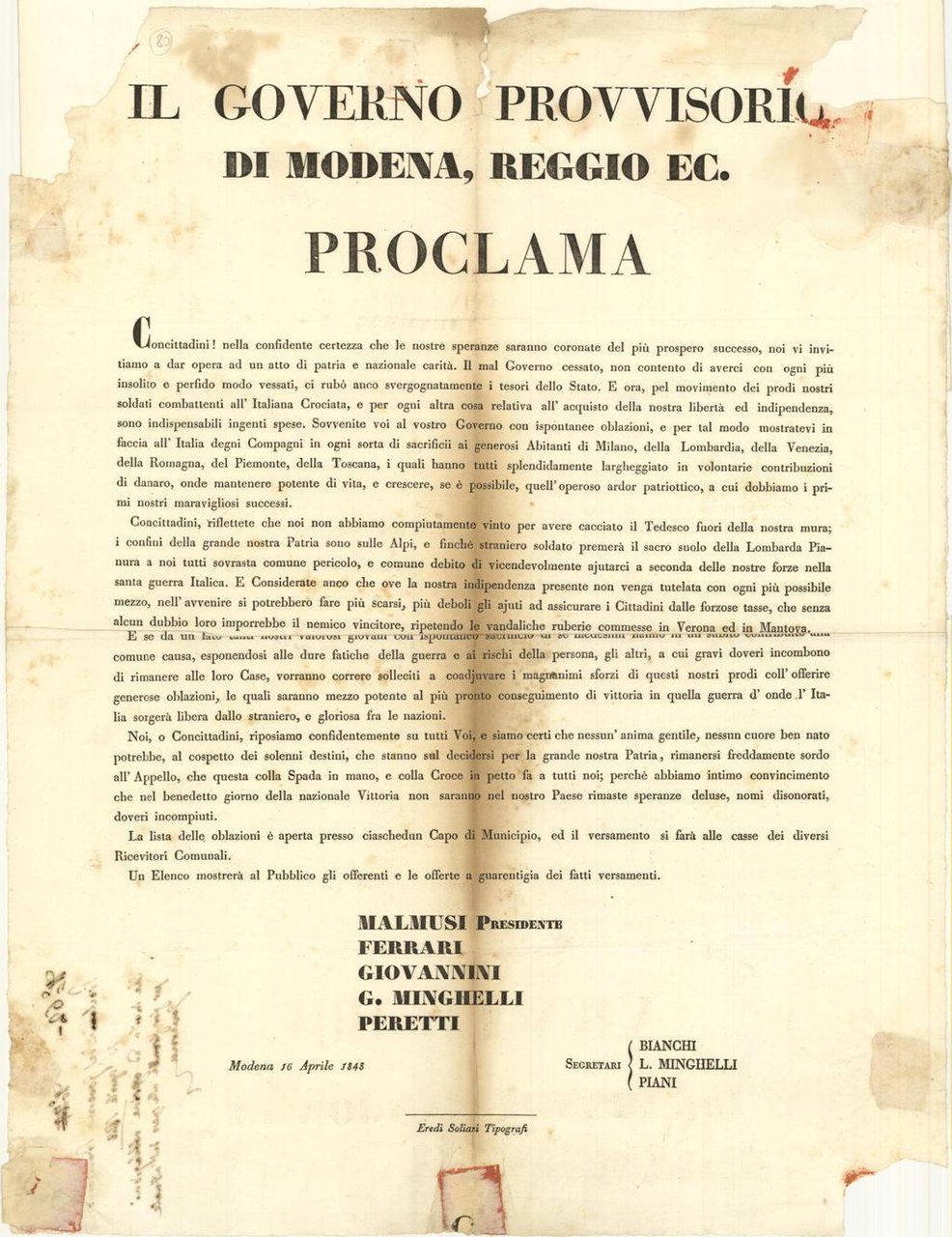Il Governo provvisorio di Modena, Reggio ec. Proclama