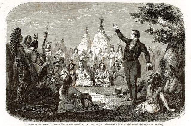 Il profeta mormone Giuseppe Smith che predica agl'Indiani