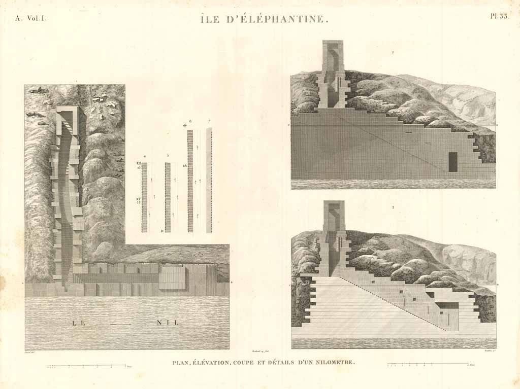 Ile d'Elèphantine - Plan, élévation, coupe et détails d'un nilometre