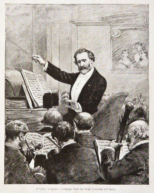 L’ “Aida” a Parigi.- Giuseppe Verdi che dirige l’orchestra dell’Opera